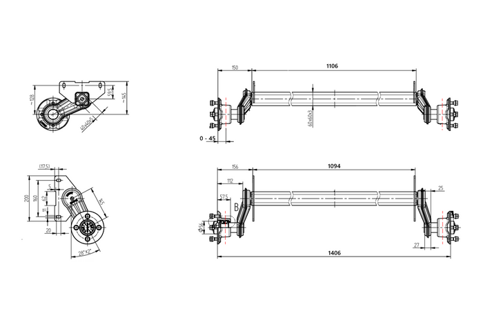 Axă nefrânată KNOTT VG7-L pentru remorcă de barcă 750 kg 1094 mm 1406 mm 4x100