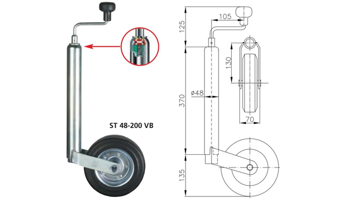Roată jockey cu clemă WINTERHOFF ST48-200VB+KLE48 150kg 48mm 505-725mm