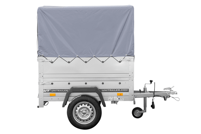 Remorcă cu o singură axă 150x106 UNITRAILER GARDEN 150 KIPP cu laterale BIS, cadru H-800 și prelată gri
