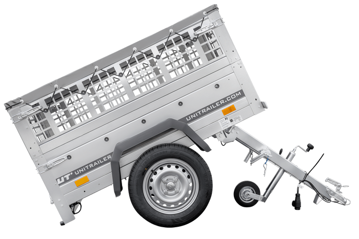 Remorcă auto 150x106 UNITRAILER GARDEN 150 KIPP cu laterale din plasă și prelată gri
