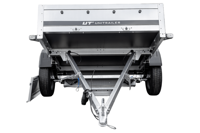 Remorcă cu o singură axă pe arcuri 230x125 UNITRAILER GARDEN 230/R KIPP cu cadru H-800 și prelată albastră